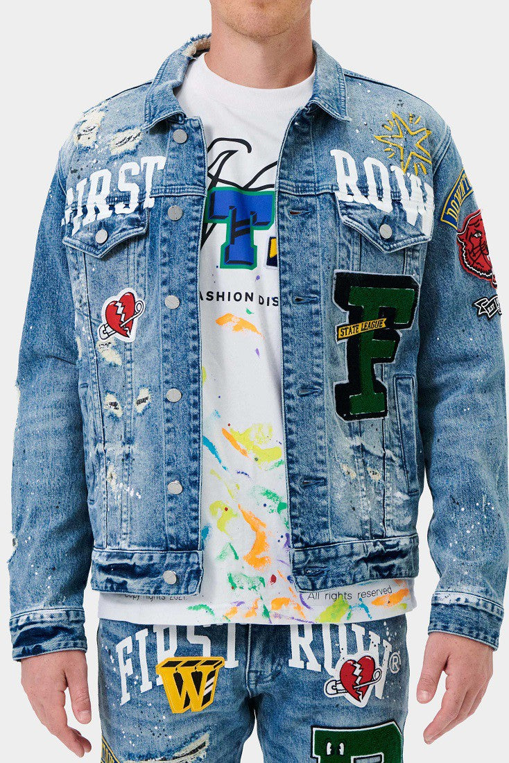 FIRST ROW ALL OVER EMBROIDERED VARSITY DENIM JACKET – 85 86